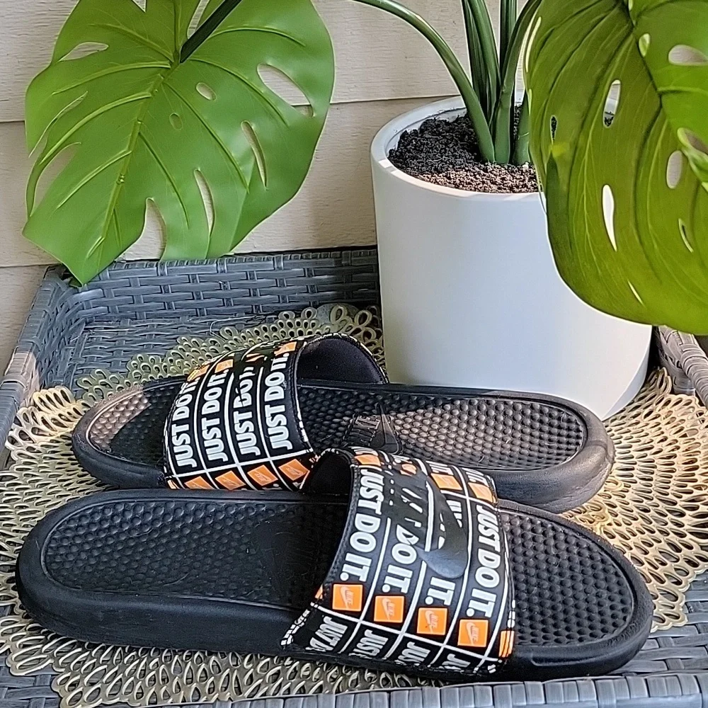 Nike Mens Benassi Just Do It Slide Flat Sandals Black White Orange Size 13